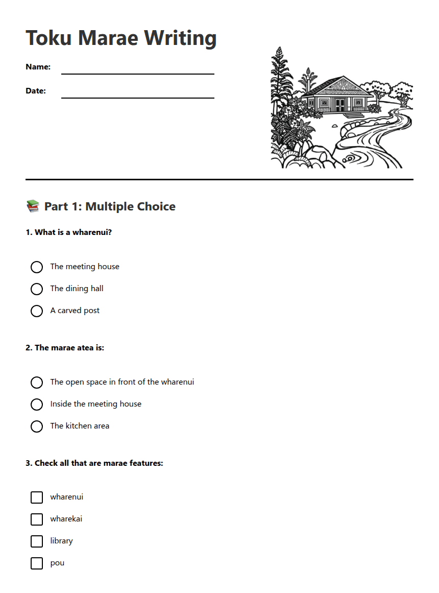 Toku Marae Writing worksheet preview