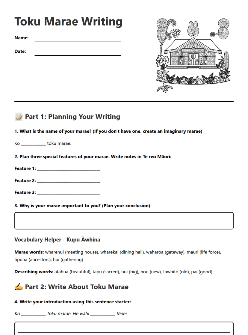 Toku Marae Writing