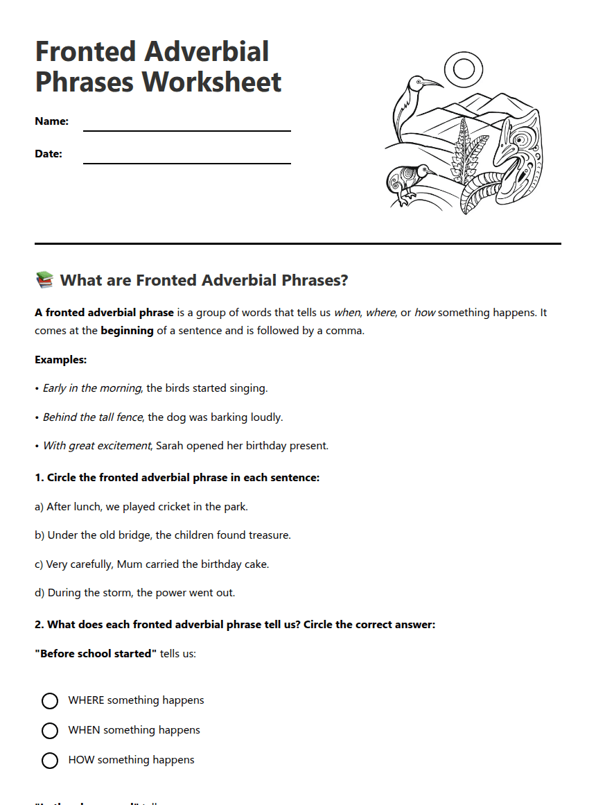 Fronted Adverbial Phrases Worksheet worksheet preview