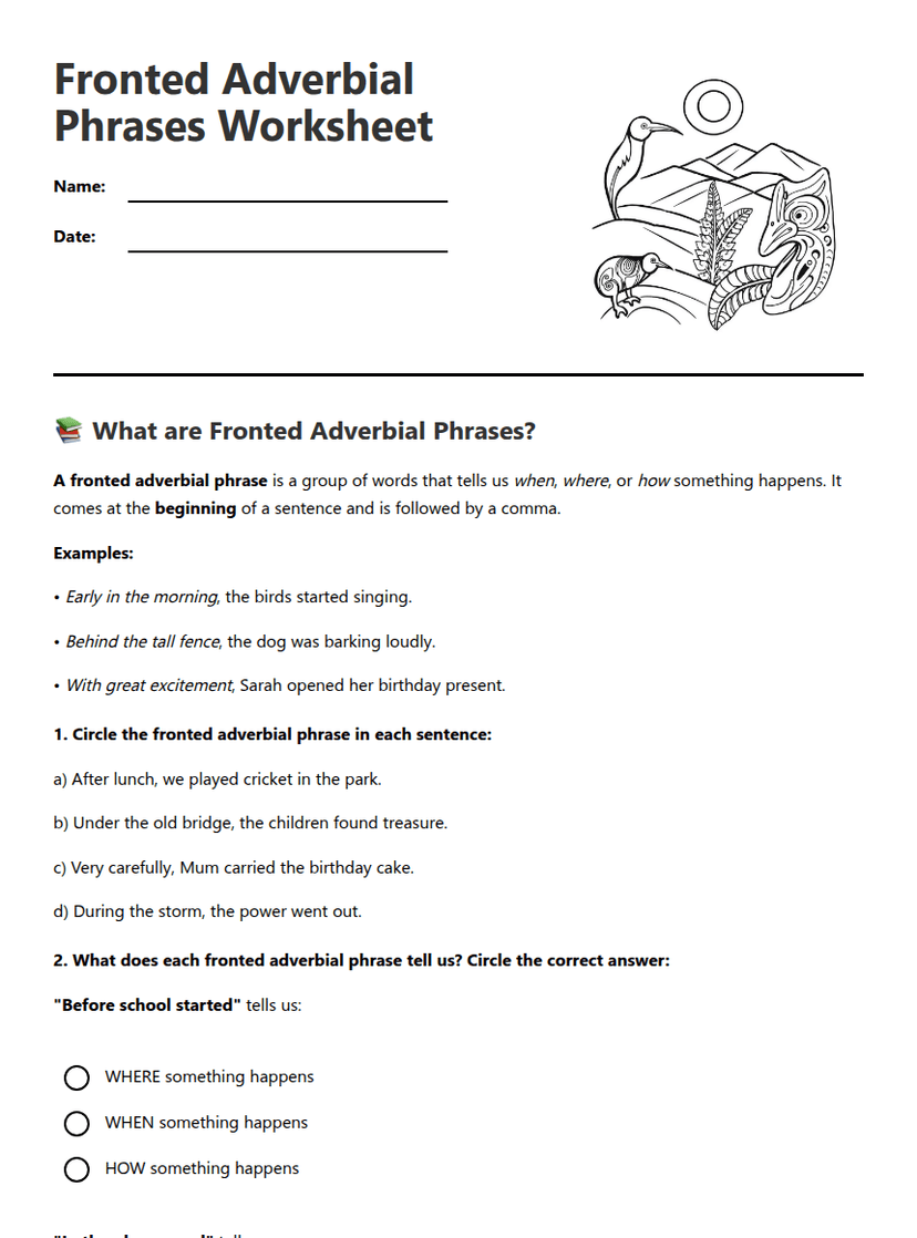 Fronted Adverbial Phrases Worksheet