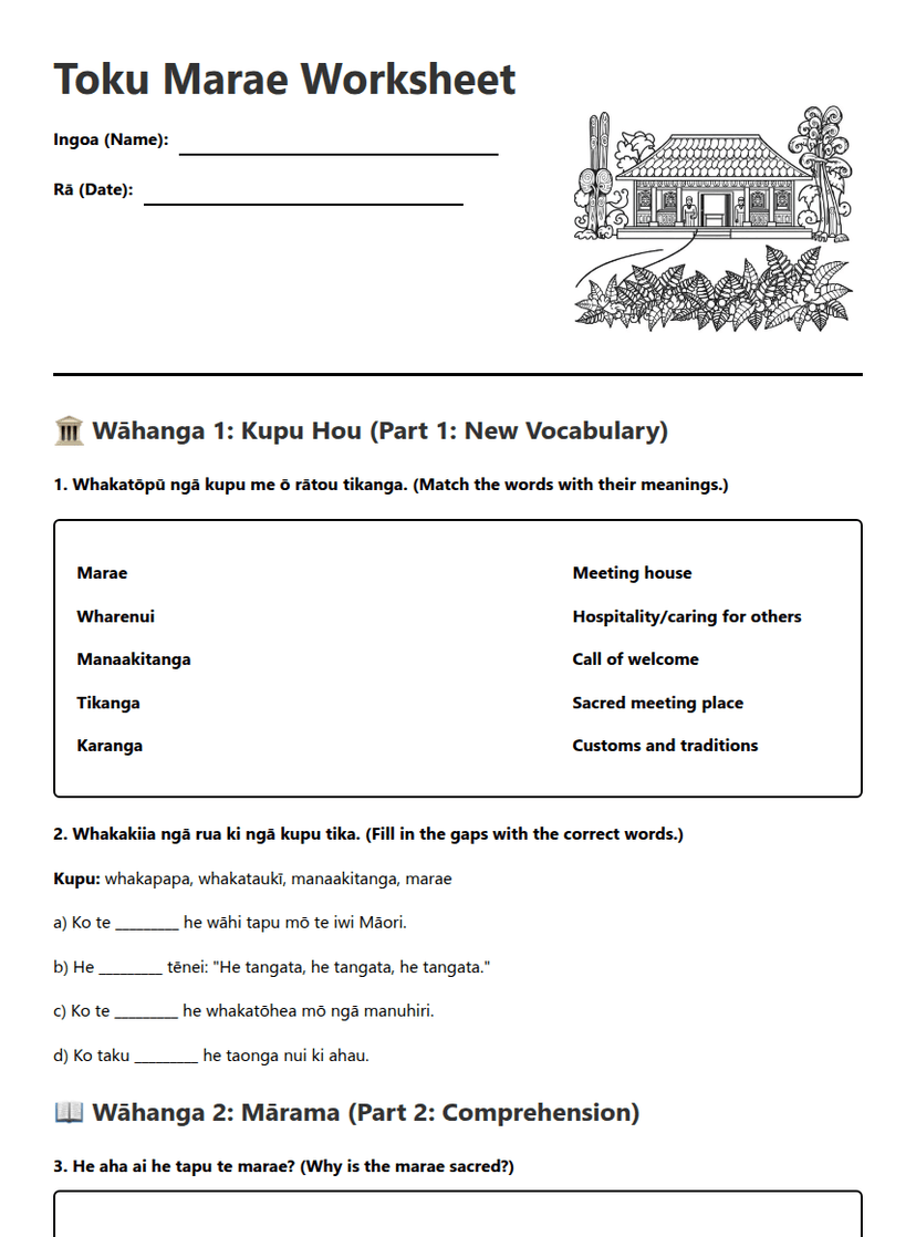 Toku Marae Worksheet