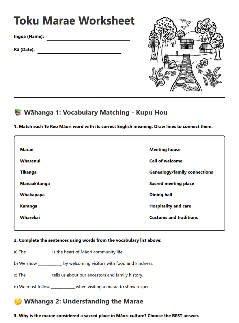 Toku Marae Worksheet