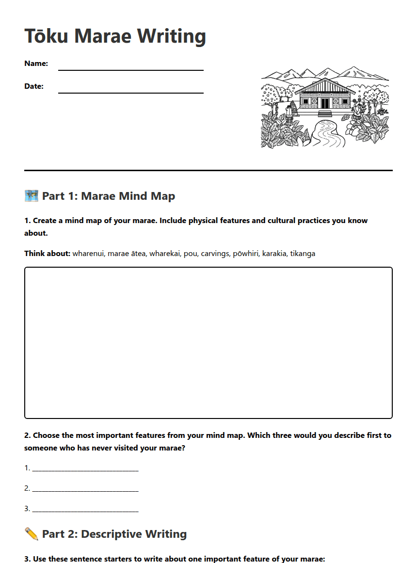 Tōku Marae Writing worksheet preview