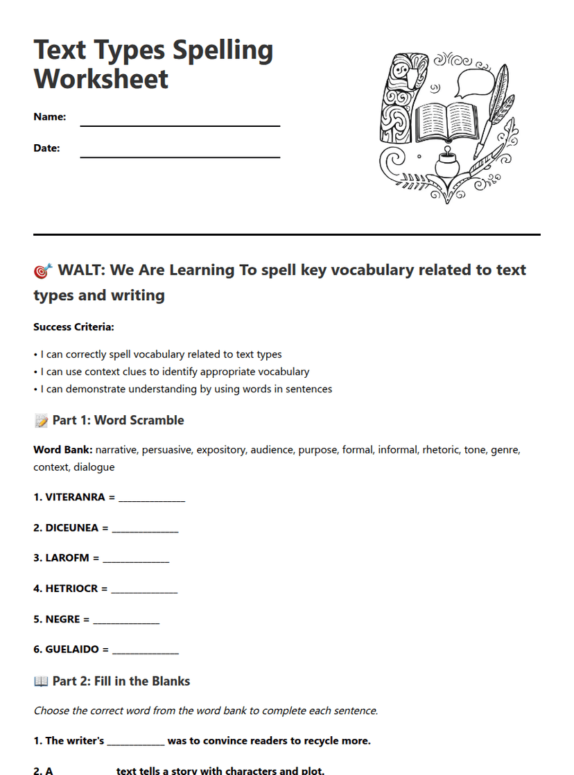 Text Types Spelling Worksheet