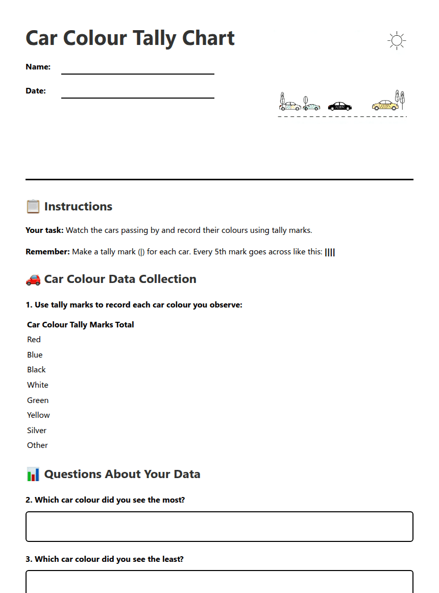 Car Colour Tally Chart worksheet preview