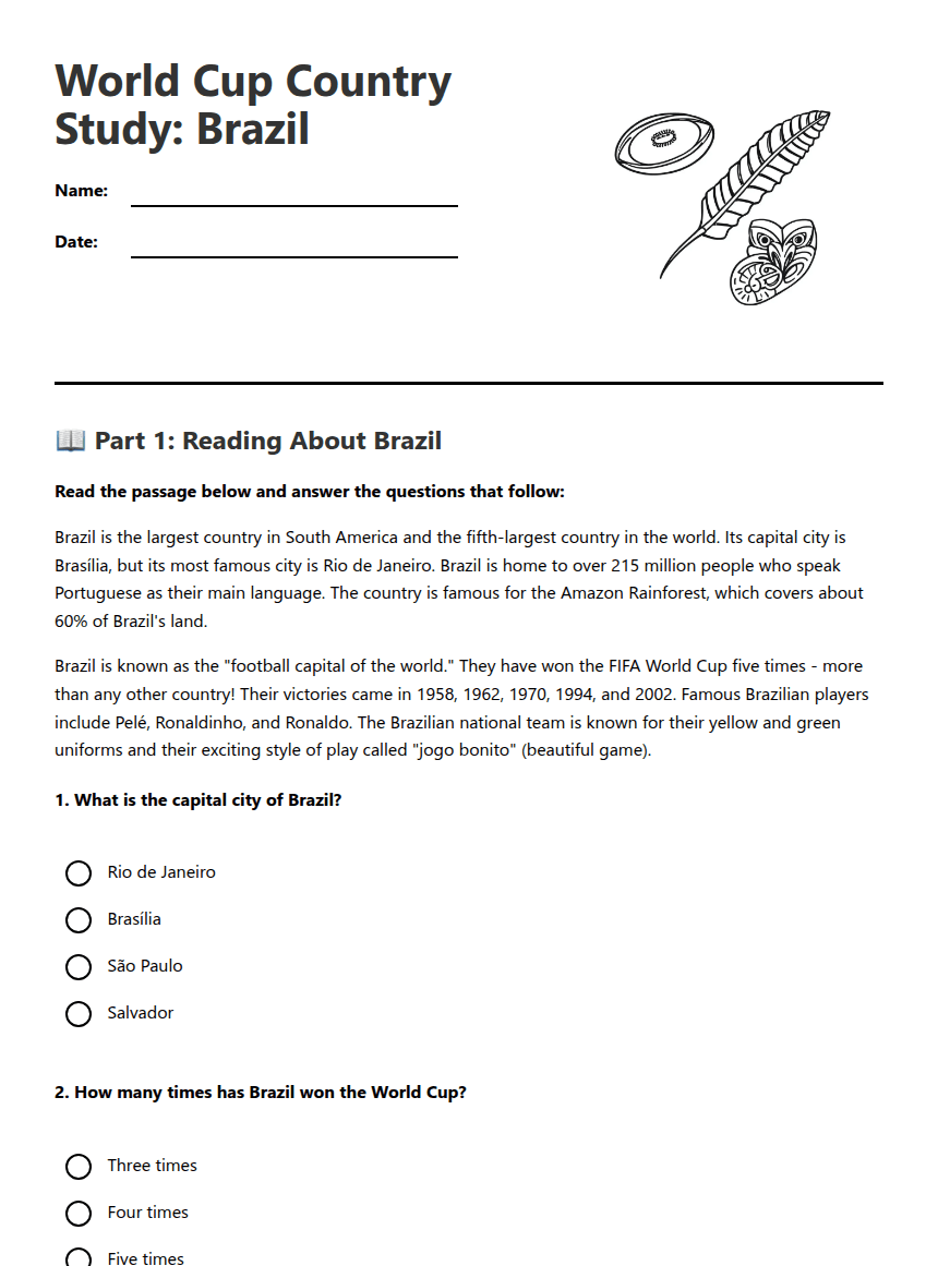 World Cup Country Study worksheet preview