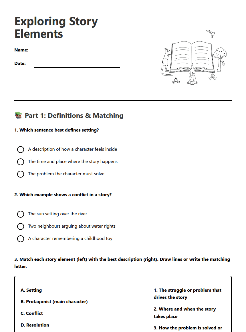 Exploring Story Elements worksheet preview