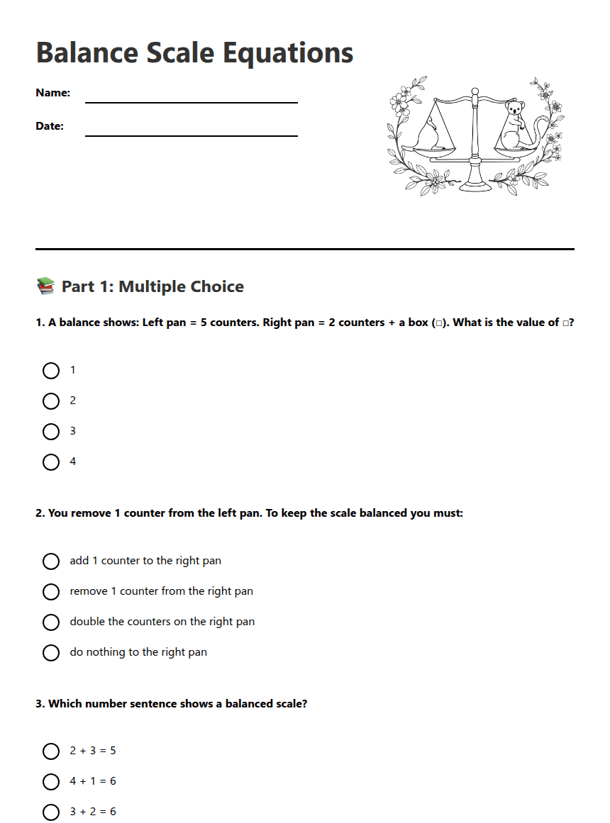 Balance Scale Equations worksheet preview
