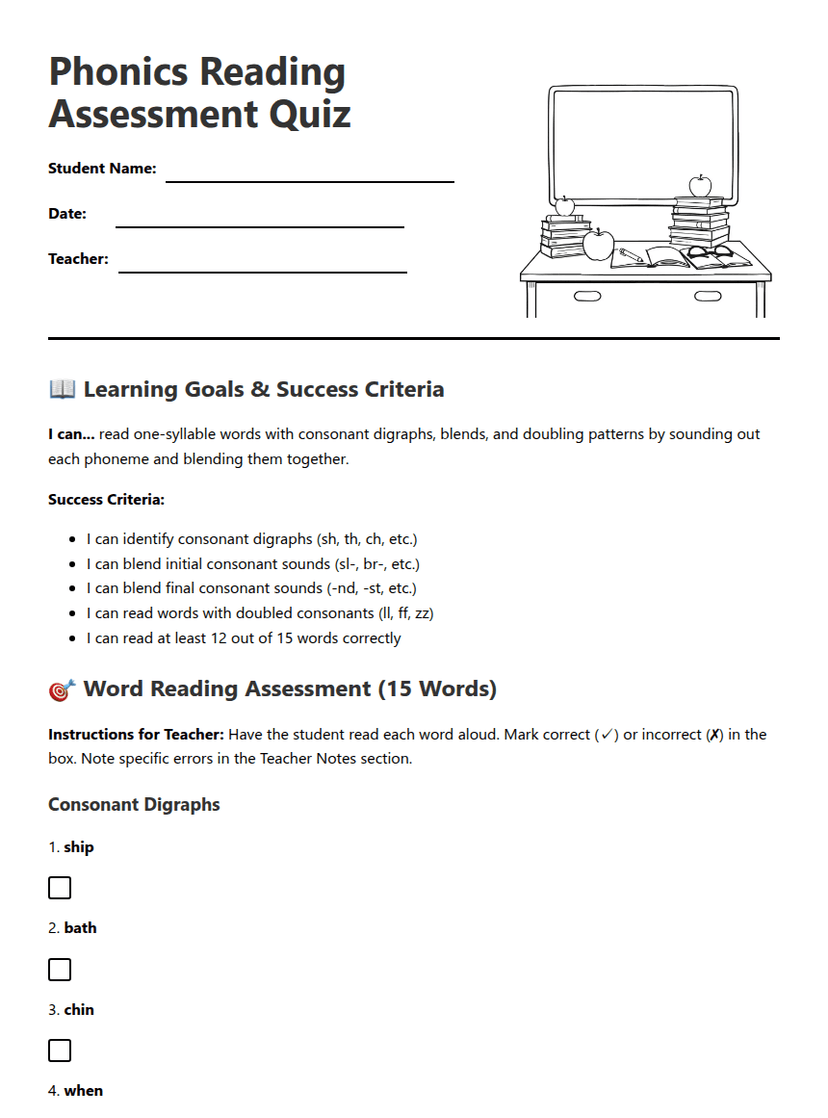 Phonics Reading Assessment Quiz