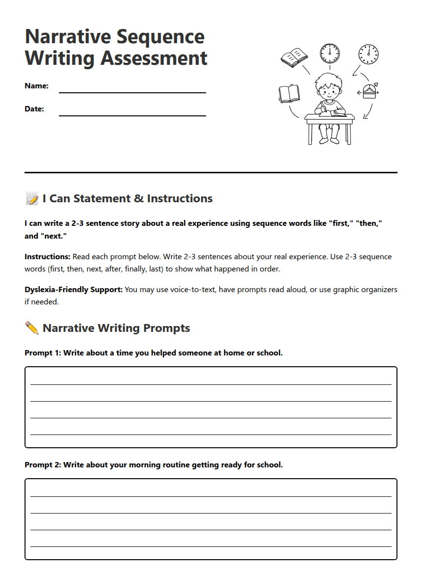 Narrative Sequence Writing Assessment worksheet preview