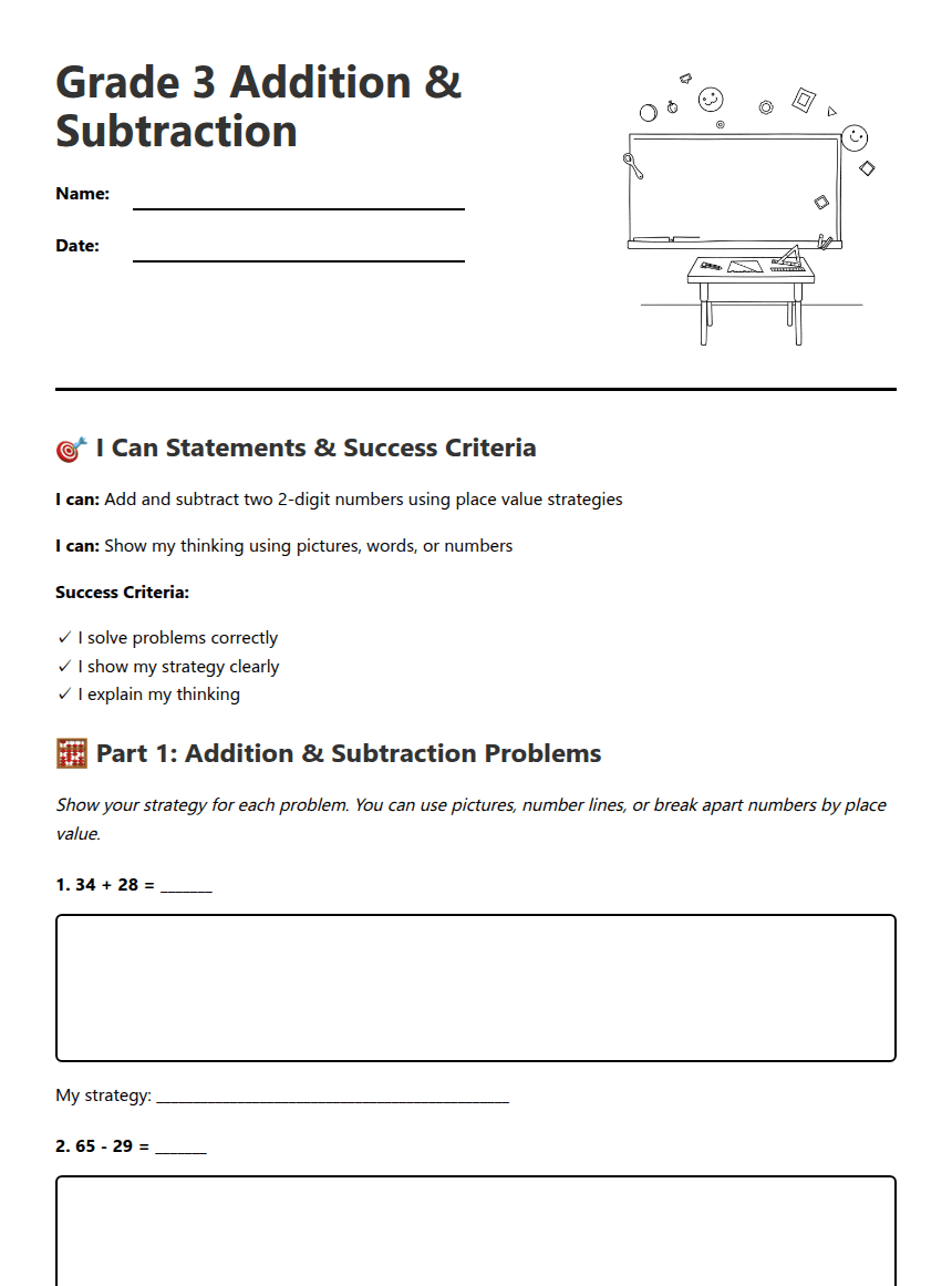 Grade 3 Addition Subtraction worksheet preview