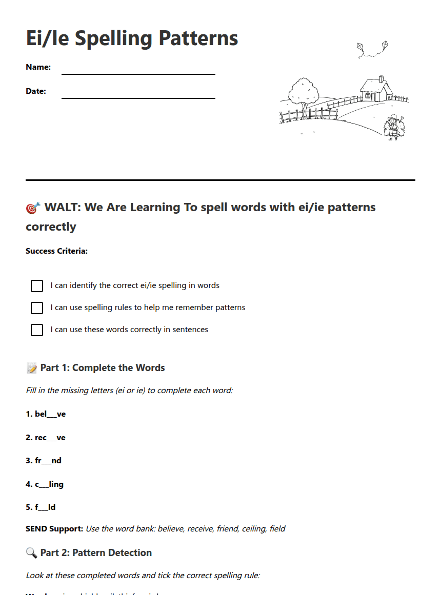Ei/Ie Spelling Patterns worksheet preview