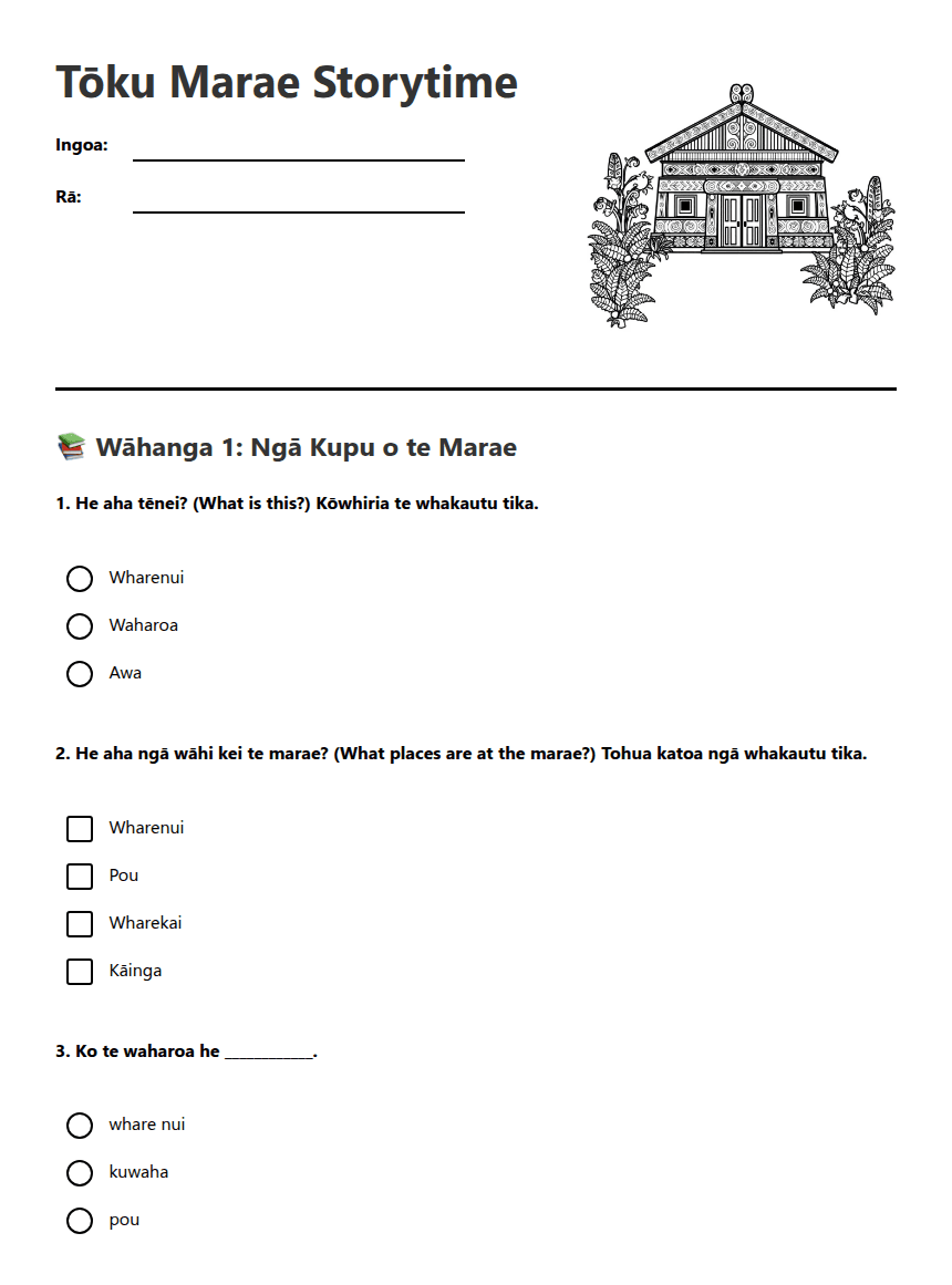 Tōku Marae Storytime worksheet preview
