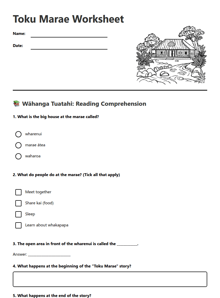 Toku Marae Worksheet worksheet preview