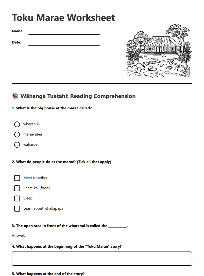 Toku Marae Worksheet