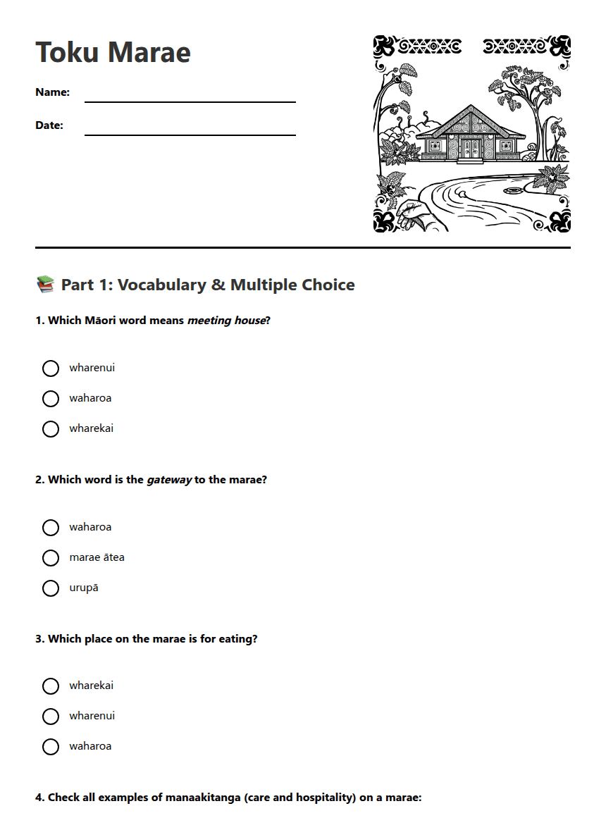 Toku Marae worksheet preview