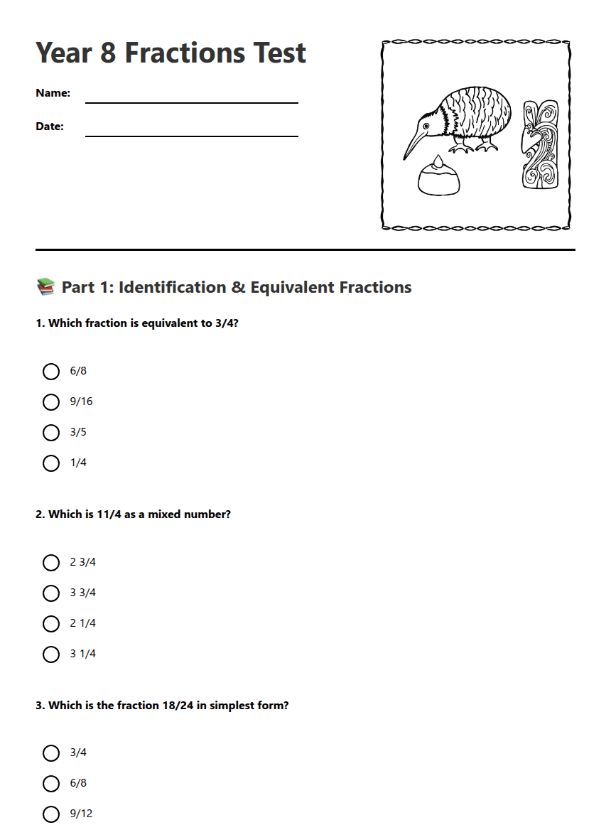 Year 8 Fractions Test worksheet preview