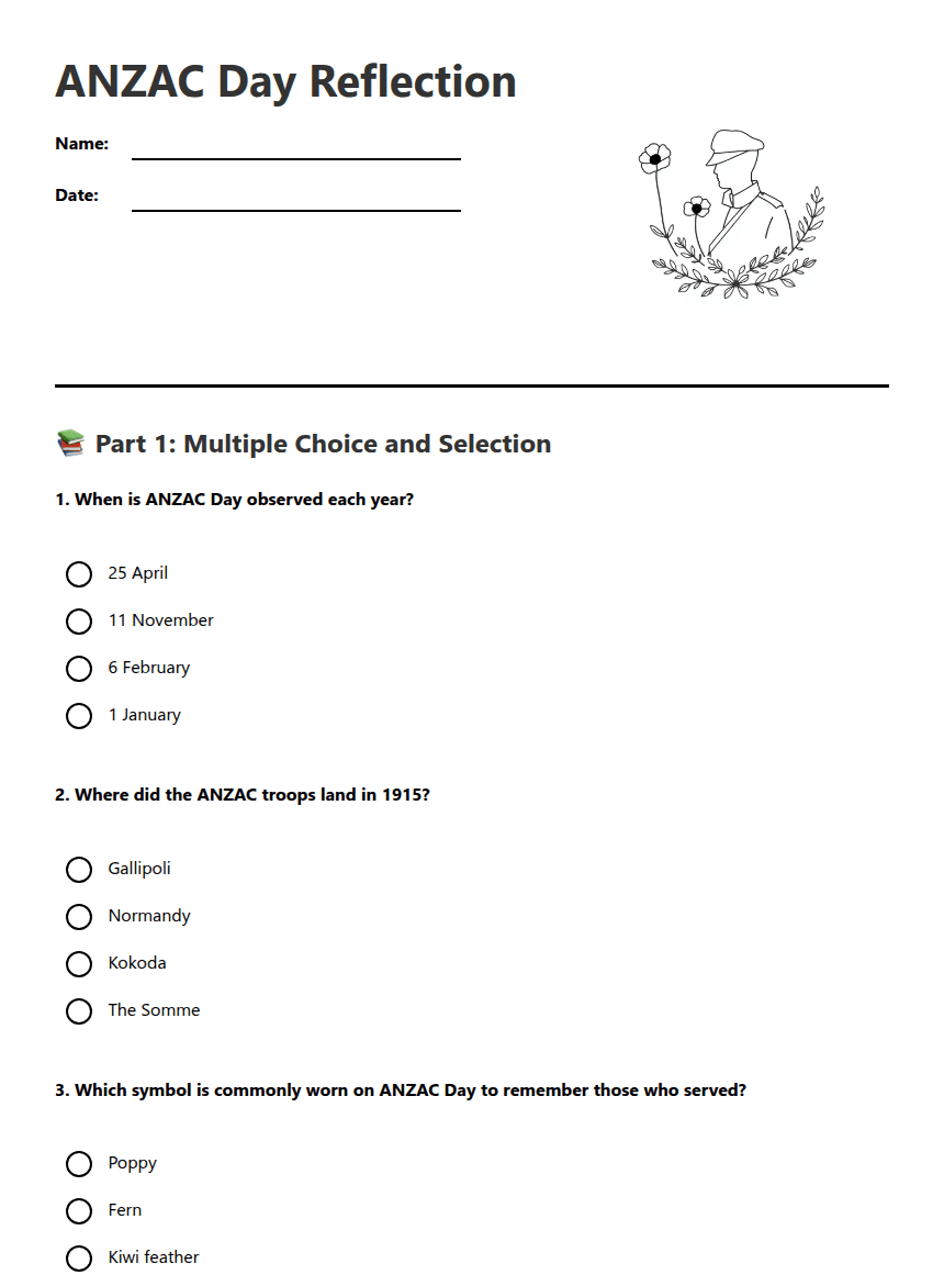 ANZAC Day Reflection worksheet preview