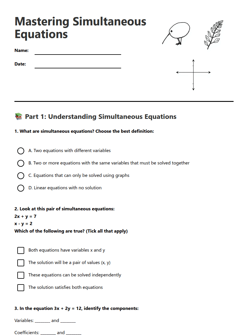 Mastering Simultaneous Equations worksheet preview