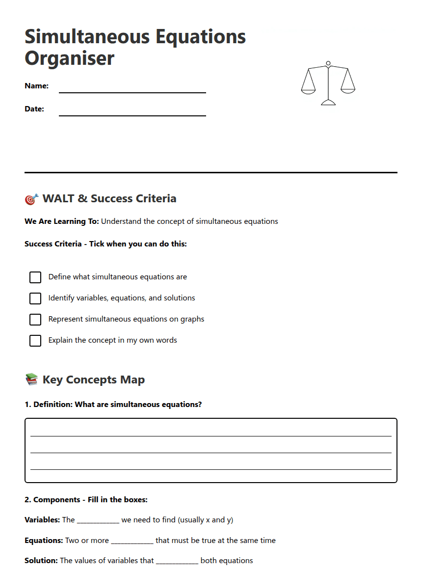 Simultaneous Equations Organiser worksheet preview
