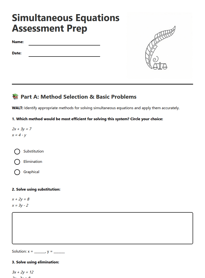Simultaneous Equations Assessment Prep worksheet preview