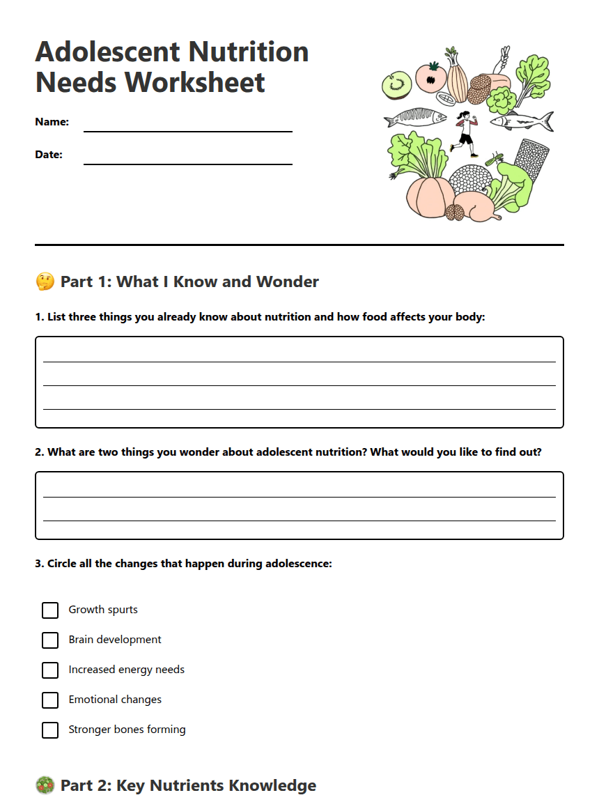 Adolescent Nutrition Needs Worksheet worksheet preview