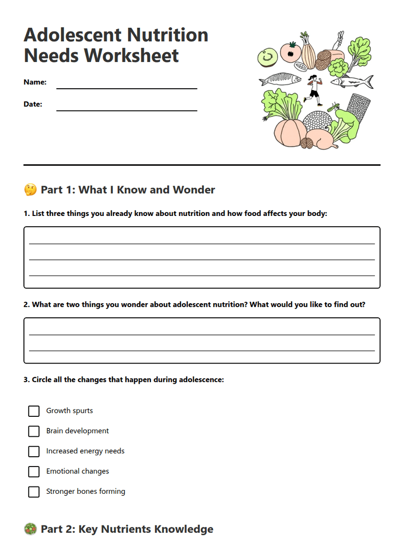 Adolescent Nutrition Needs Worksheet