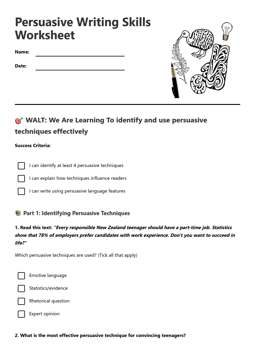 Persuasive Writing Skills Worksheet worksheet preview