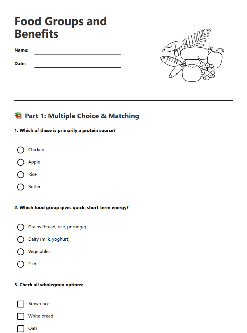 Food Groups and Benefits worksheet preview