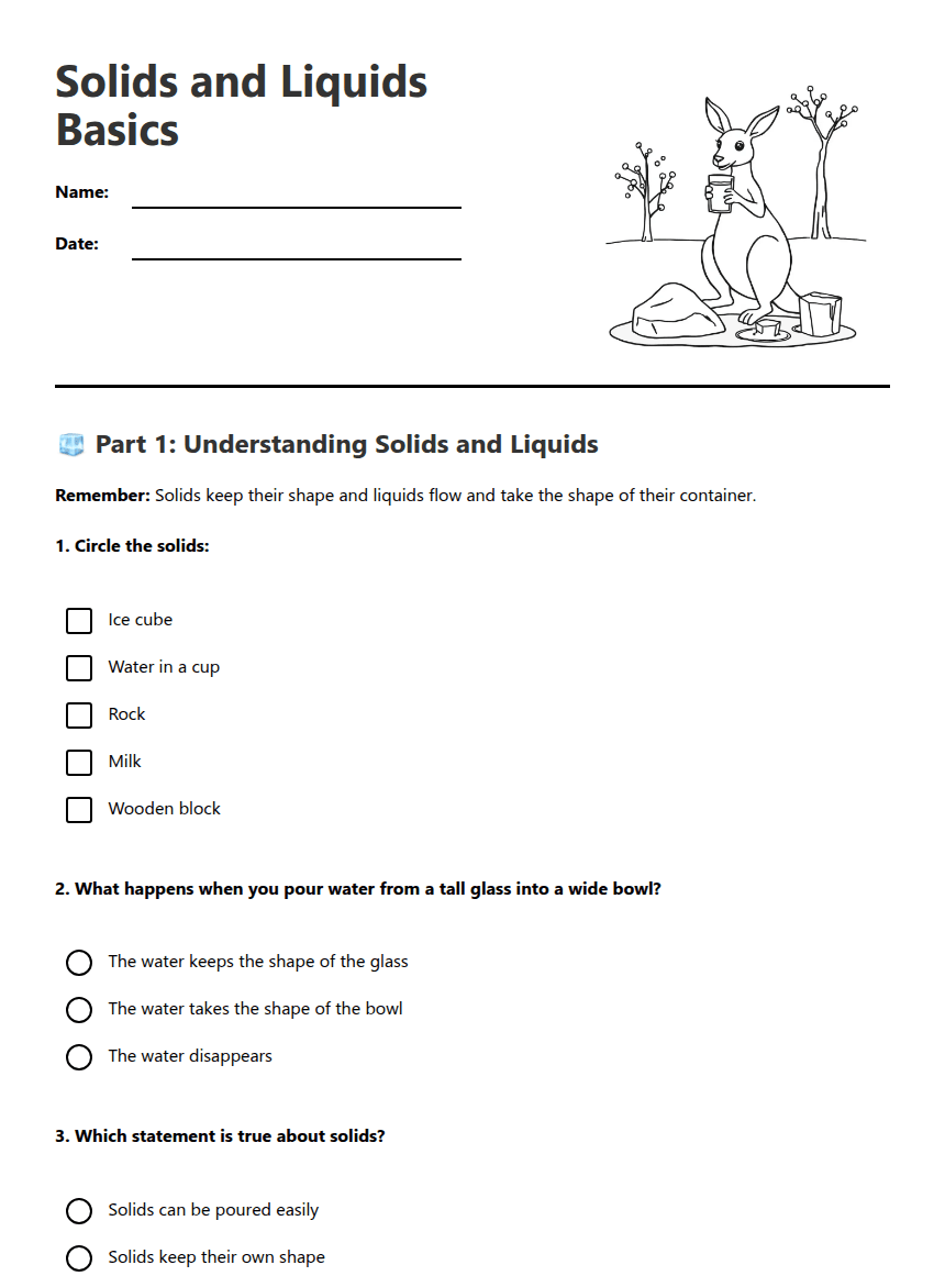Solids and Liquids Basics worksheet preview
