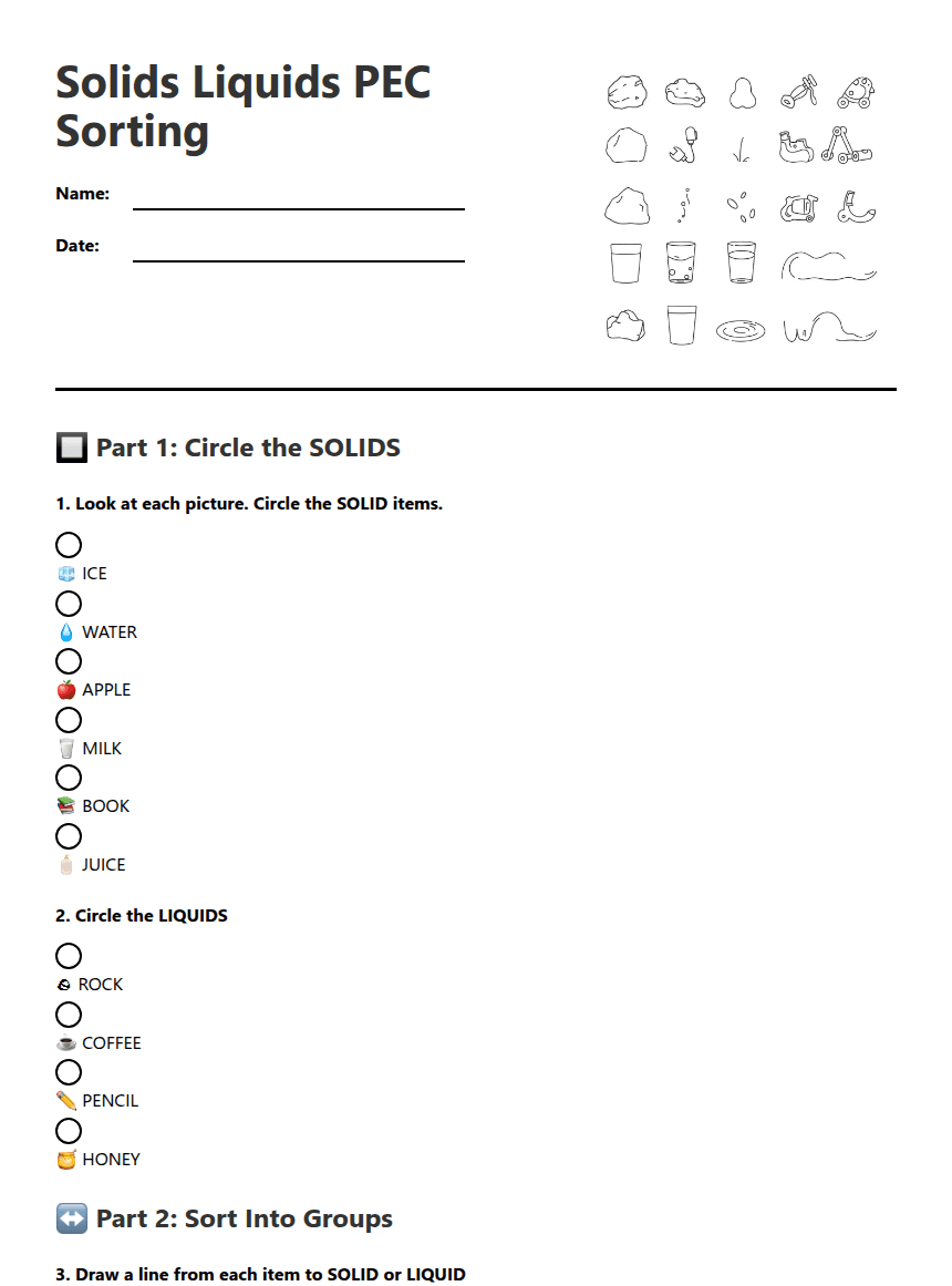 Solids Liquids PEC Sorting worksheet preview