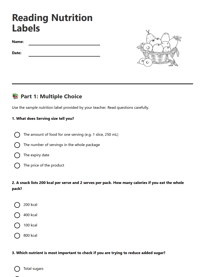 Reading Nutrition Labels worksheet preview