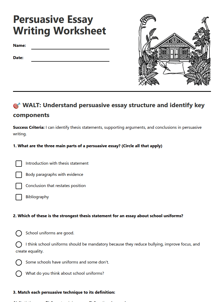 Persuasive Essay Writing Worksheet worksheet preview