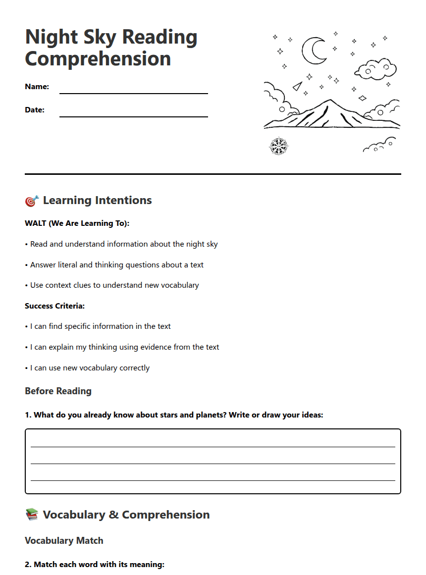 Night Sky Reading Comprehension worksheet preview