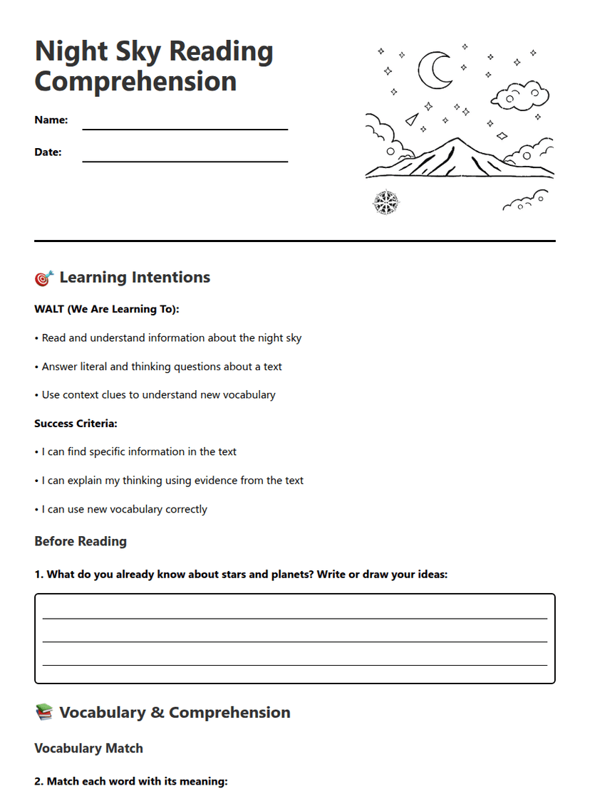 Night Sky Reading Comprehension