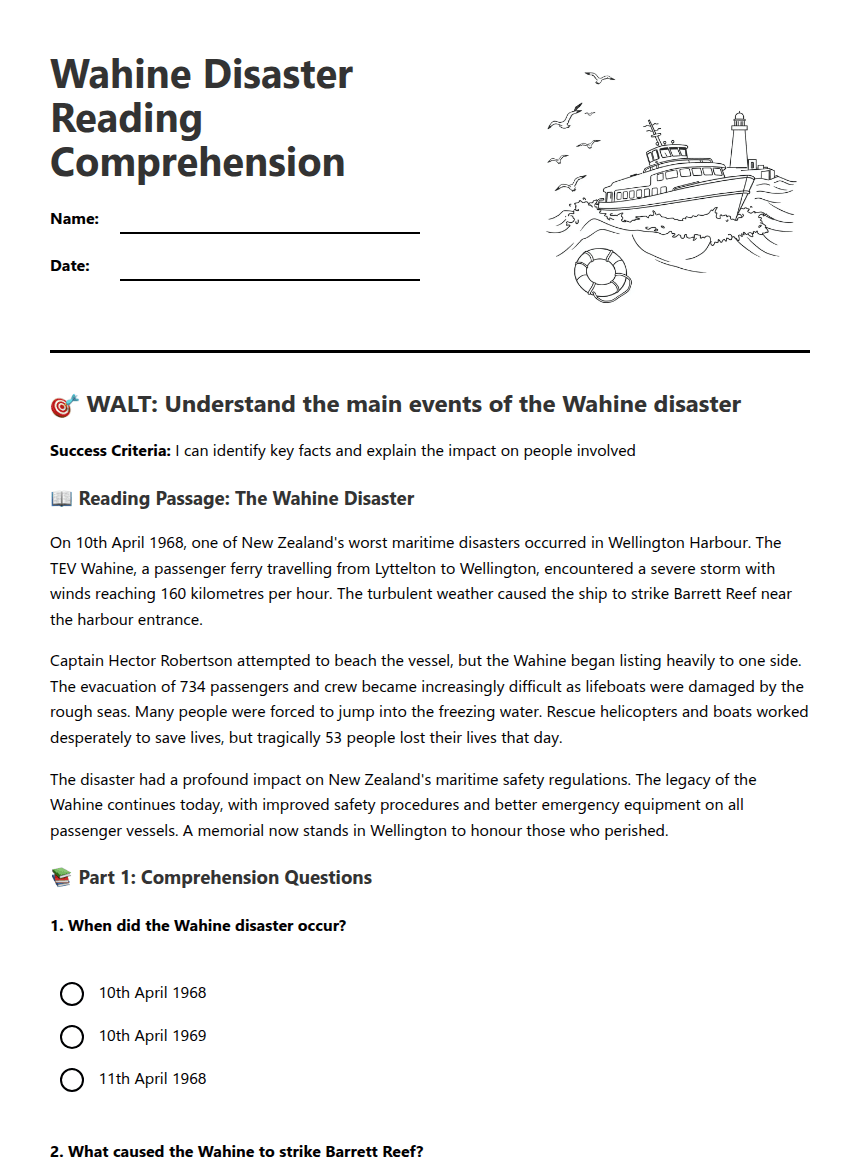 Wahine Disaster Reading Comprehension worksheet preview