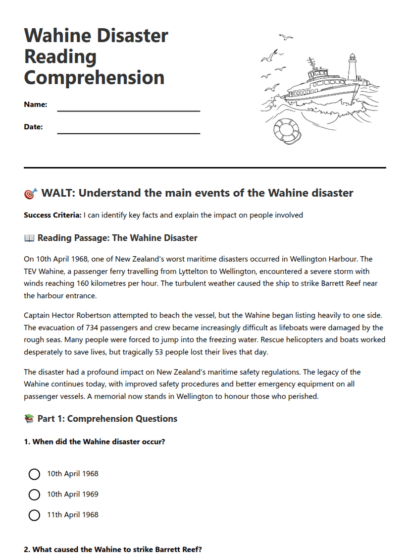 Wahine Disaster Reading Comprehension
