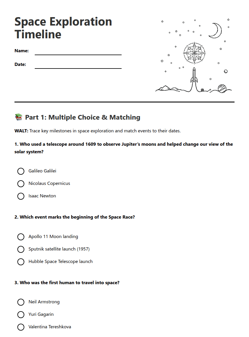 Space Exploration Timeline worksheet preview