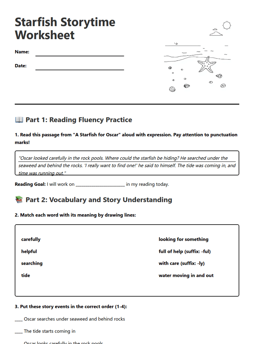 Starfish Storytime Worksheet
