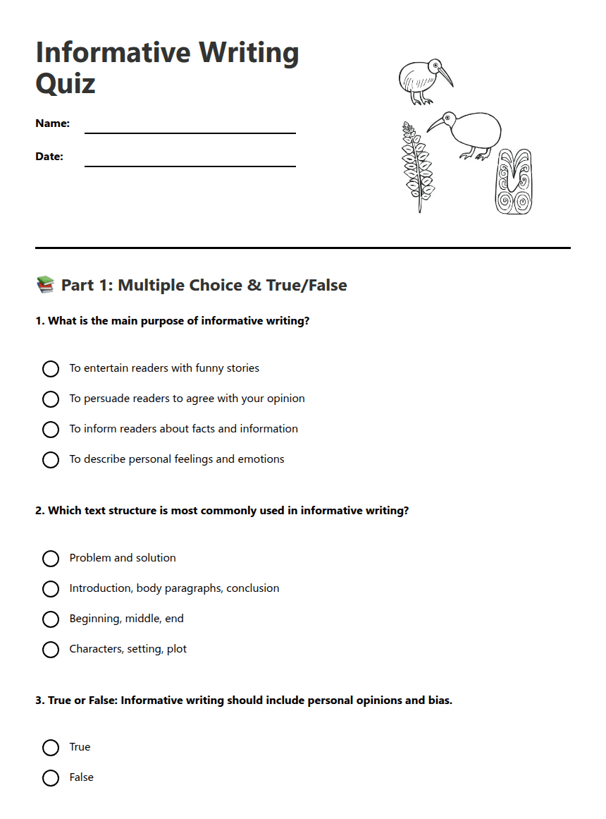 Informative Writing Quiz worksheet preview