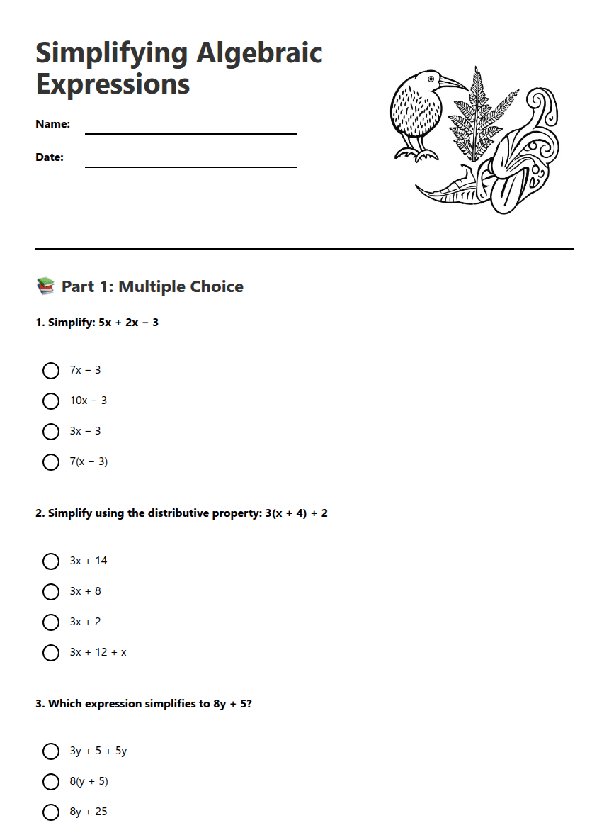 Simplifying Algebraic Expressions worksheet preview