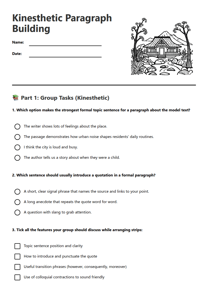 Kinesthetic Paragraph Building worksheet preview