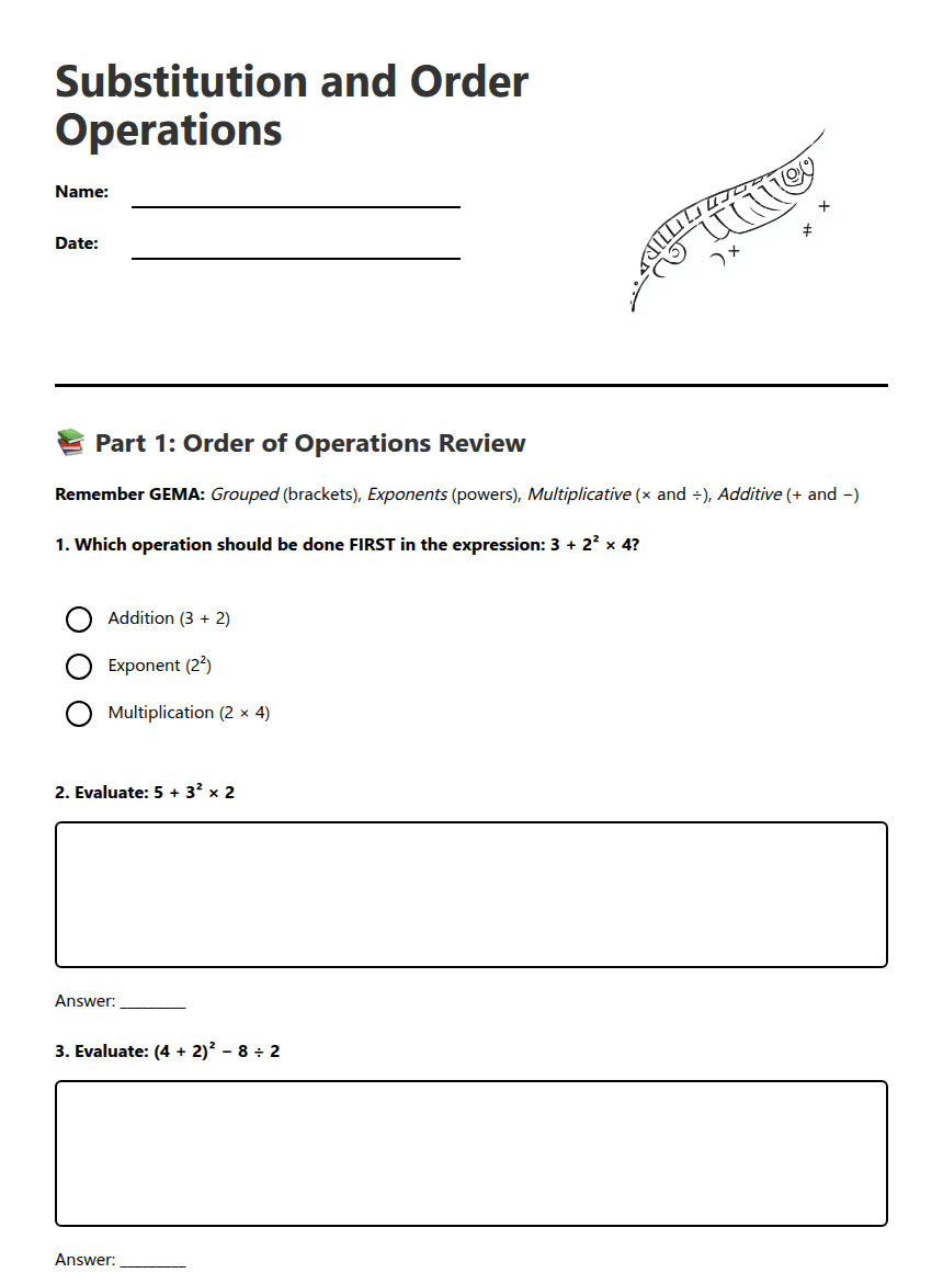 Substitution and Order Operations worksheet preview