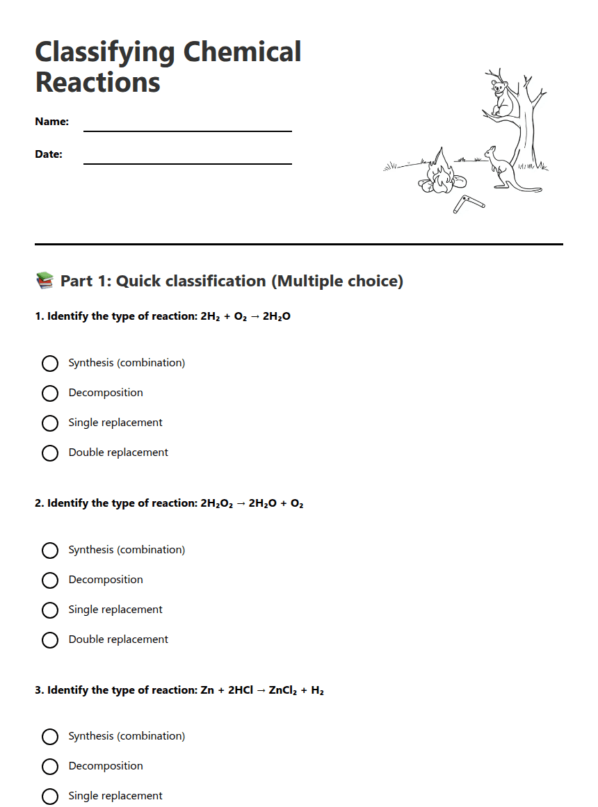 Classifying Chemical Reactions worksheet preview