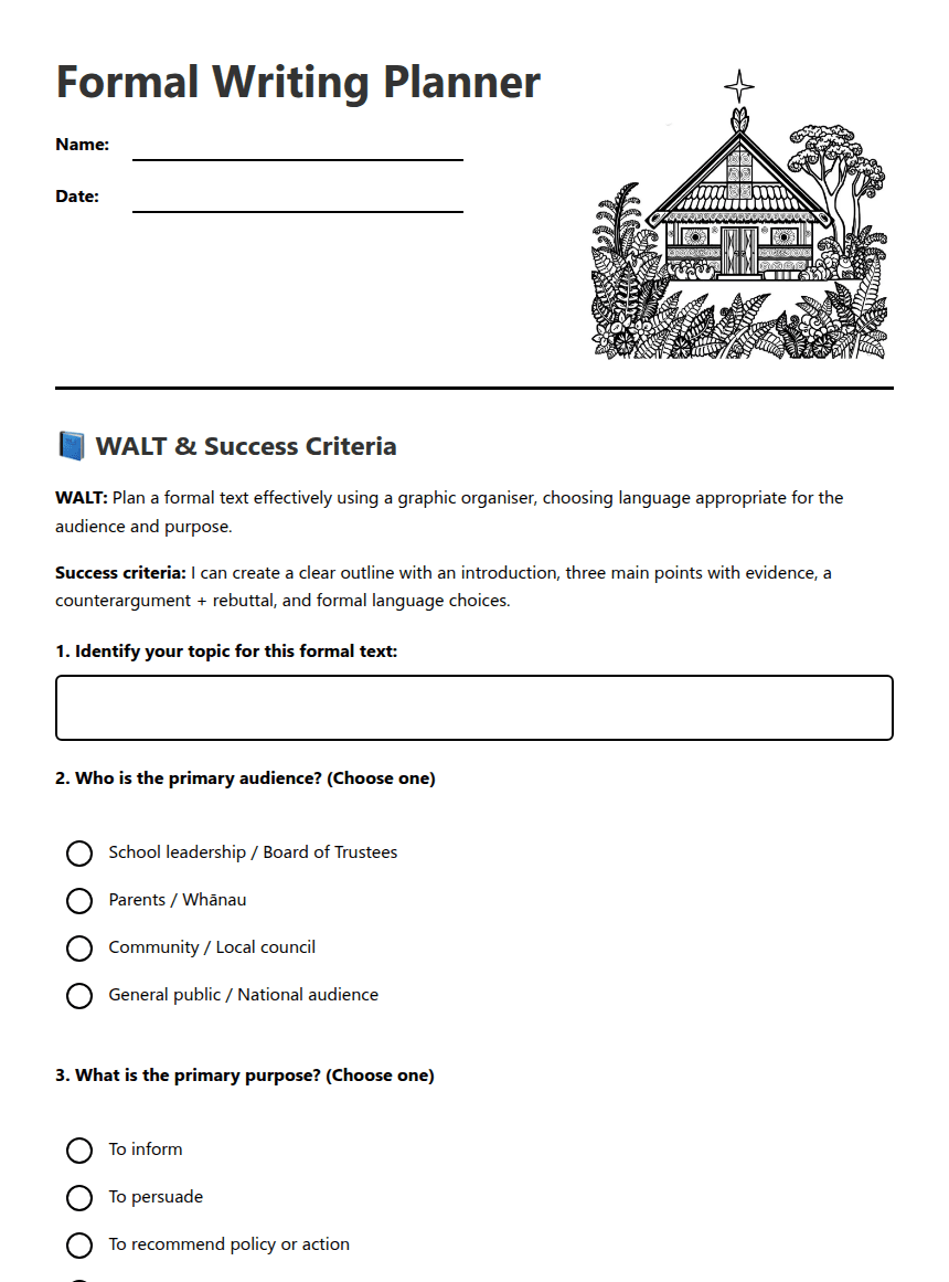 Formal Writing Planner worksheet preview