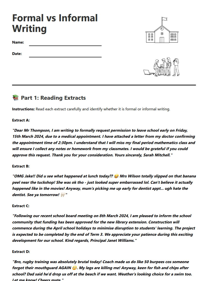 Formal vs Informal Writing worksheet preview