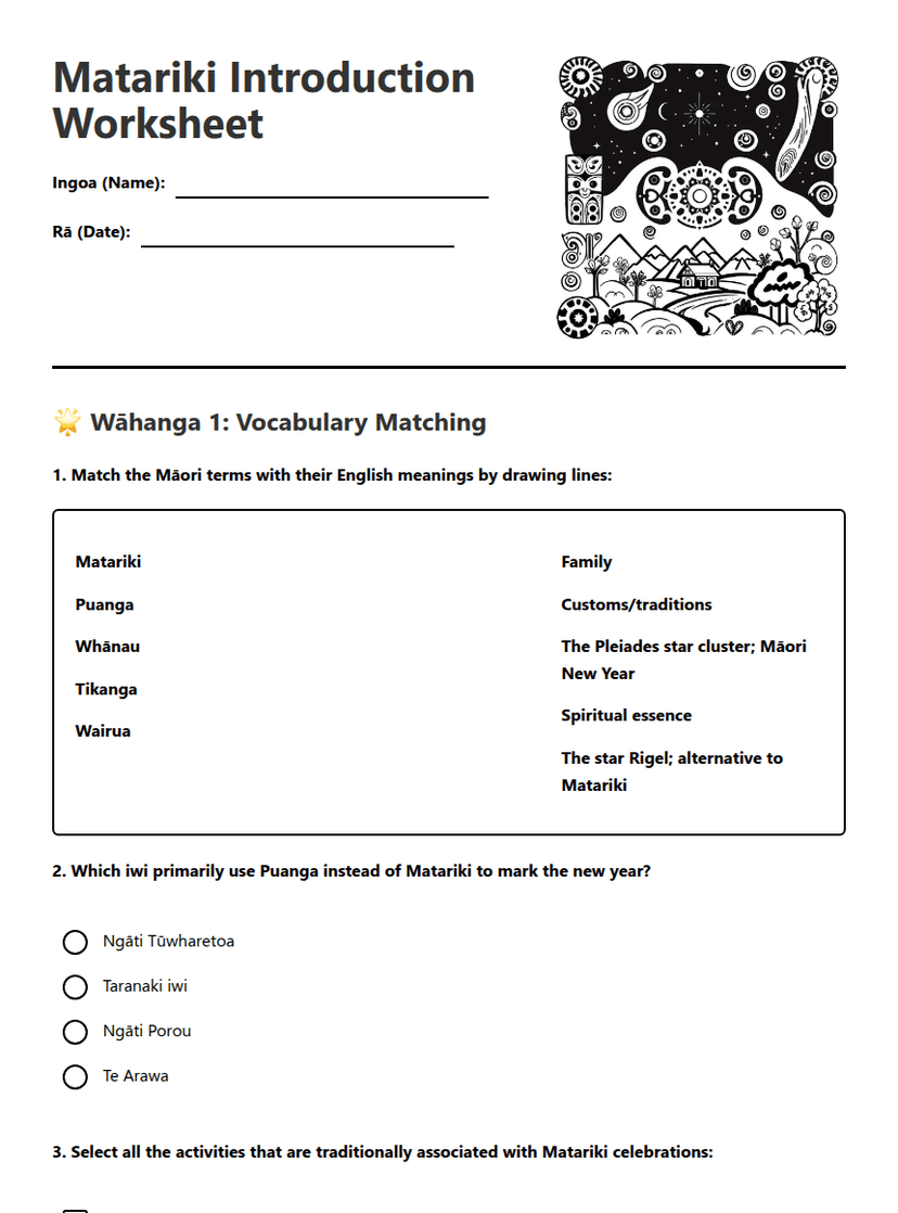Matariki Introduction Worksheet