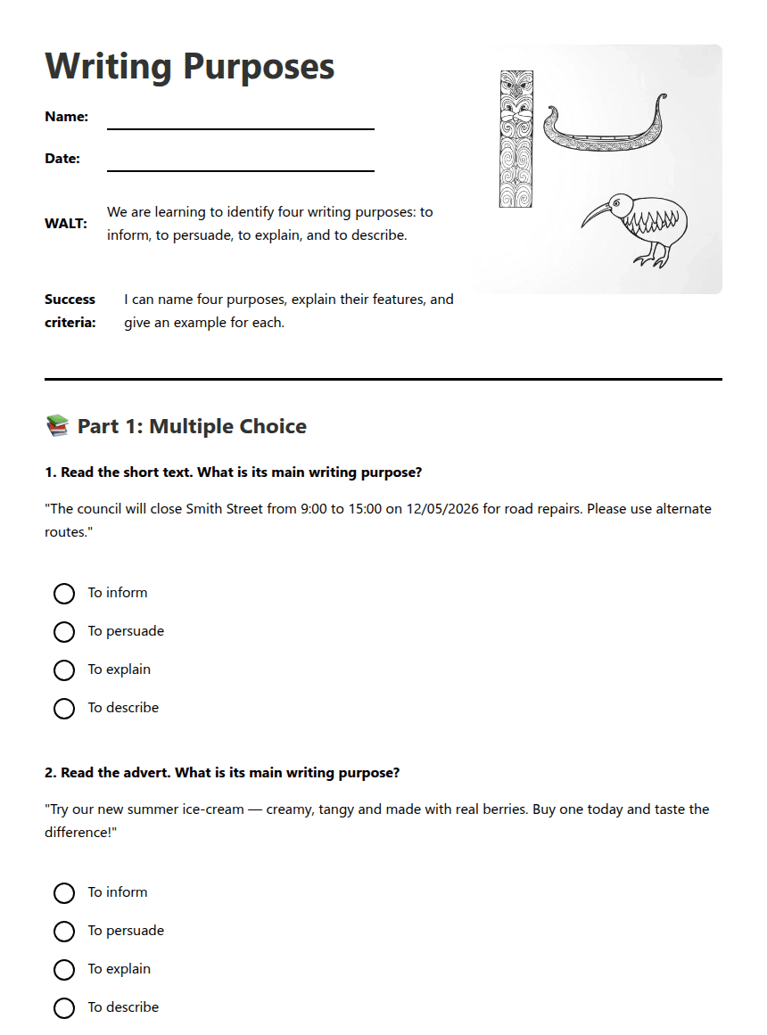 Writing Purposes worksheet preview
