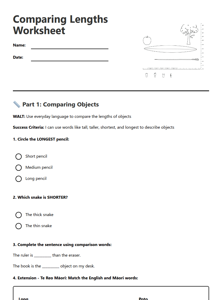 Comparing Lengths Worksheet worksheet preview