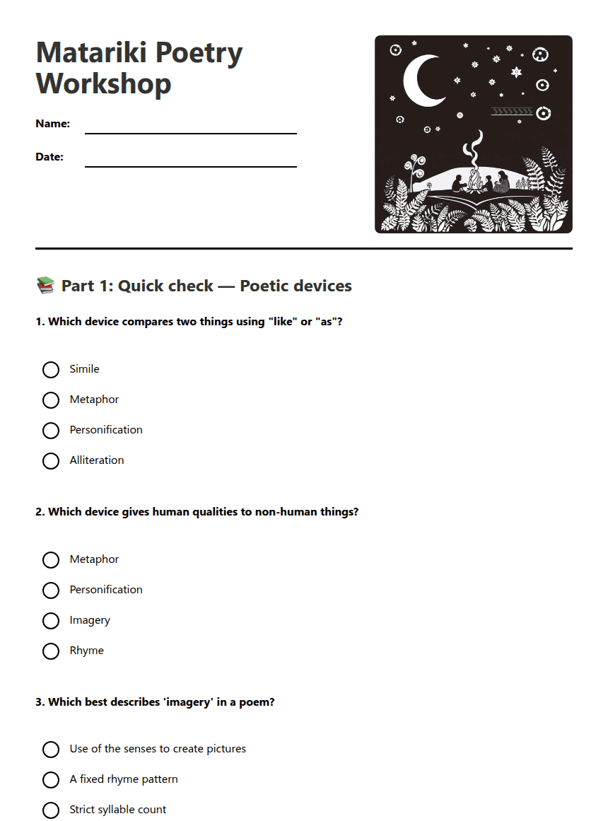 Matariki Poetry Workshop worksheet preview